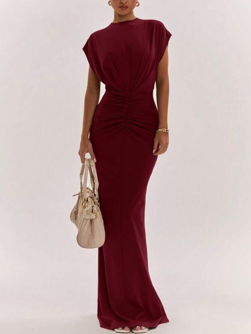 Elegant Burgundy Ruched Waist Maxi Dress